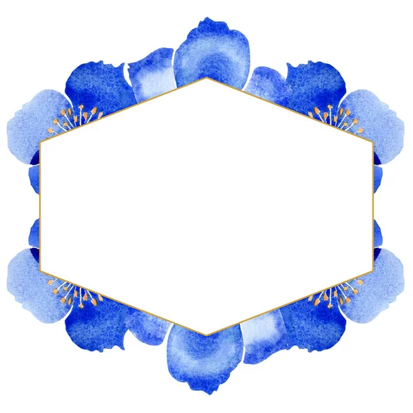 Flor de papoula azul flores botânicas. Conjunto de ilustração de fundo aquarela. Quadro borda ornamento quadrado . — Fotografia de Stock