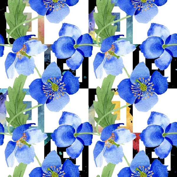 Fiori botanici floreali di papavero blu. Set illustrazione acquerello. Modello di sfondo senza soluzione di continuità . — Foto Stock