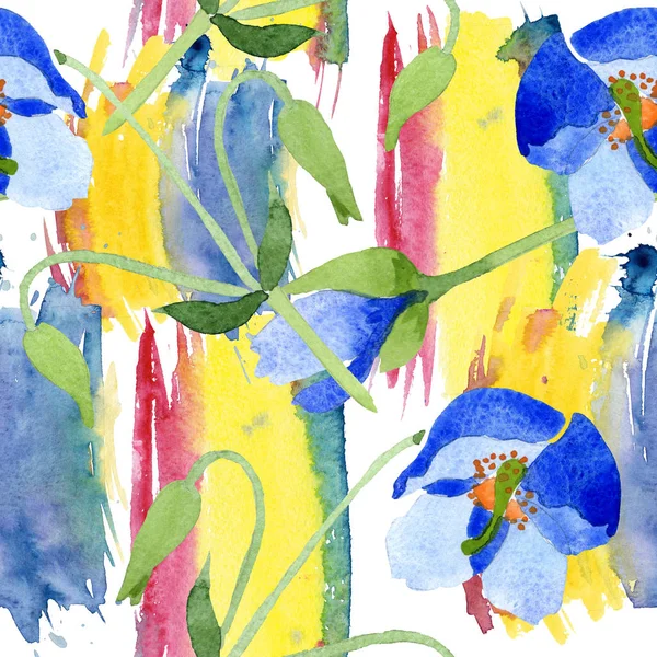 Flores botánicas florales de amapola azul. Juego de ilustración en acuarela. Patrón de fondo sin costuras . — Foto de Stock