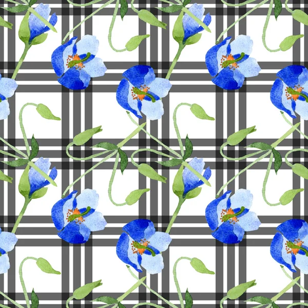 Fiori botanici floreali di papavero blu. Set illustrazione acquerello. Modello di sfondo senza soluzione di continuità . — Foto Stock