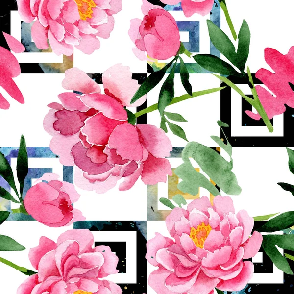 Ροζ floral βοτανικό λουλούδια peony. Ακουαρέλα φόντο εικόνα σύνολο. Απρόσκοπτη υπόβαθρο μοτίβο. — Φωτογραφία Αρχείου
