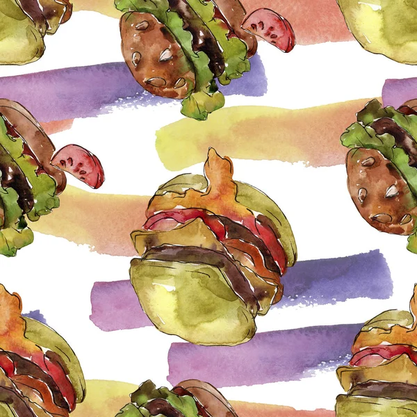 Akvarell stílusú hamburger. Akvarell gyorsétterem ábra elemet. Varratmentes háttérben minta. — Stock Fotó