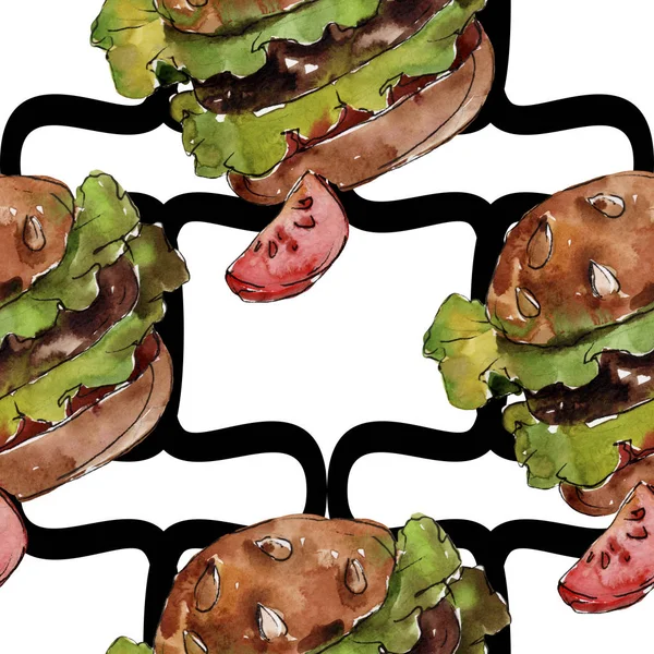 Hambúrguer em estilo aquarela. Watercolor fast food elemento ilustração. Padrão de fundo sem costura . — Fotografia de Stock