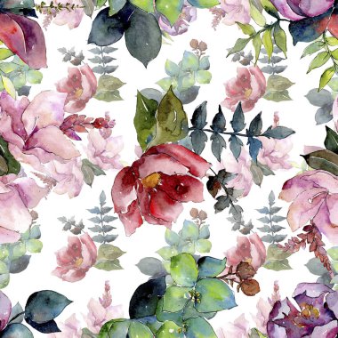 Buket kompozisyon çiçek botanik çiçekler. Suluboya arka plan illüstrasyon küme. Sorunsuz arka plan deseni.