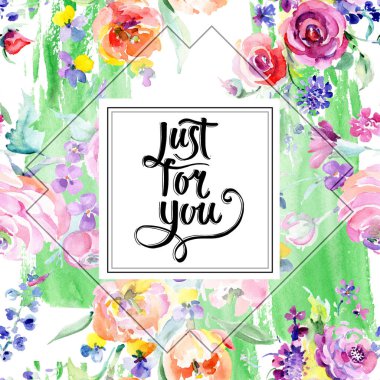 Pembe buket çiçek botanik çiçek gül. Suluboya arka plan illüstrasyon küme. Çerçeve kenarlığı süsleme Meydanı.