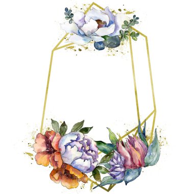 Buketler çiçek botanik çiçekler. Suluboya arka plan illüstrasyon küme. Çerçeve kenarlığı süsleme Meydanı.