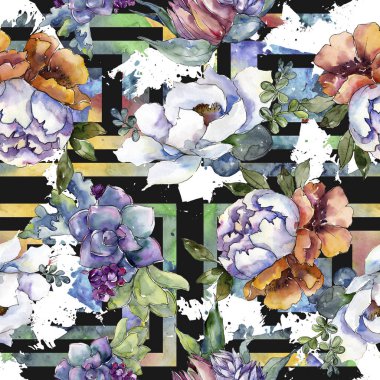 Buketler çiçek botanik çiçekler. Suluboya arka plan illüstrasyon küme. Sorunsuz arka plan deseni.