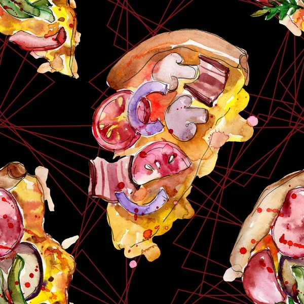 Fast food itallian pizza in a watercolor style isolated set. Watercolour seamless background pattern. — Stock Photo, Image