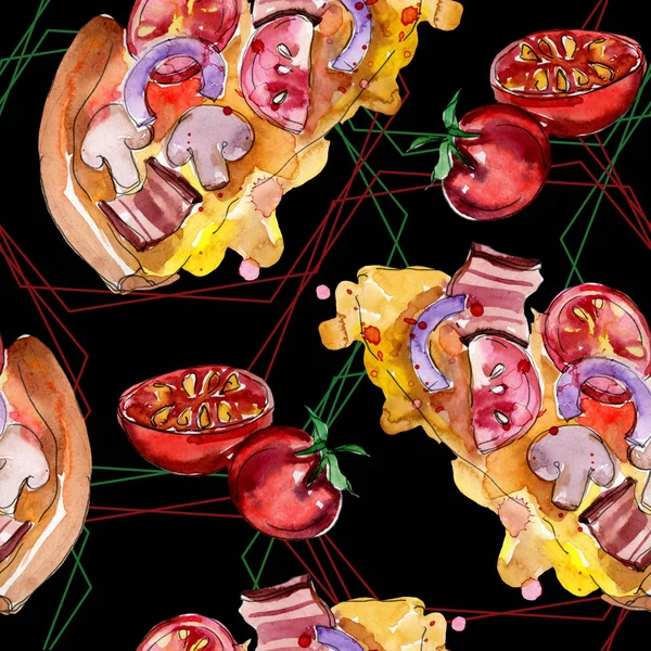 Pizza italiana de comida rápida en un conjunto aislado estilo acuarela. Patrón de fondo sin costuras de acuarela . — Foto de Stock