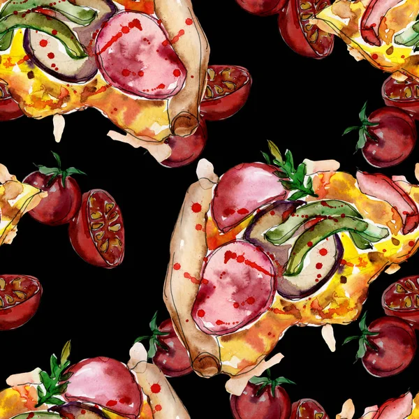 Fast Food italienische Pizza in einem Aquarell-Stil isoliert Set. Aquarell nahtloses Hintergrundmuster. — Stockfoto