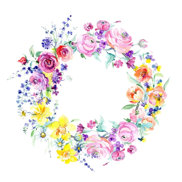 핑크 장미 꽃다발 꽃 식물 꽃. 수채화 배경 그림 설정 합니다. 프레임 테두리 장식 스퀘어. — 스톡 사진