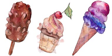 Sulu Boya stilinde lezzetli dondurma. Aquarelle şekerli tatlı şekilde ayarlayın. İzole tatlılar arka plan öğesi.