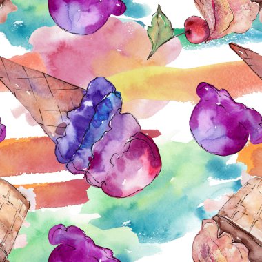 Sulu Boya stilinde lezzetli dondurma. Aquarelle şekerli tatlı şekilde ayarlayın. Sorunsuz arka plan deseni.