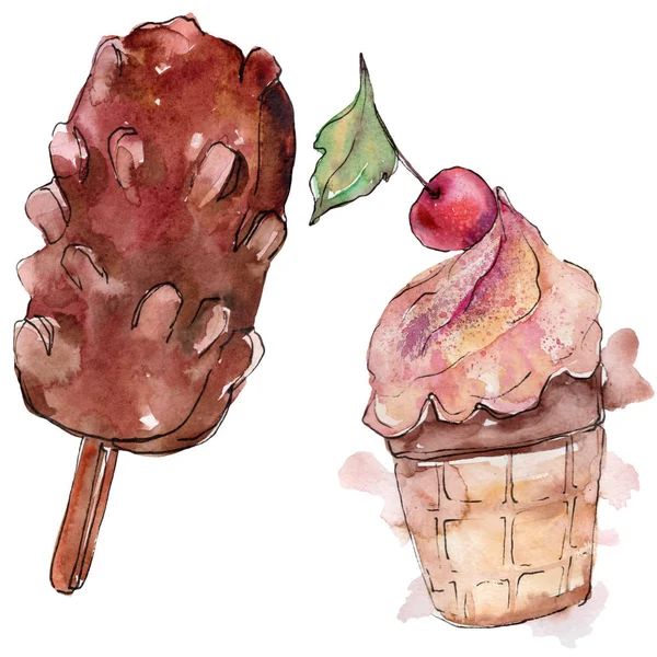 Crème glacée savoureuse dans un style aquarelle. Aquarelle set d'illustration de dessert sucré. Desserts isolés élément de fond . — Photo