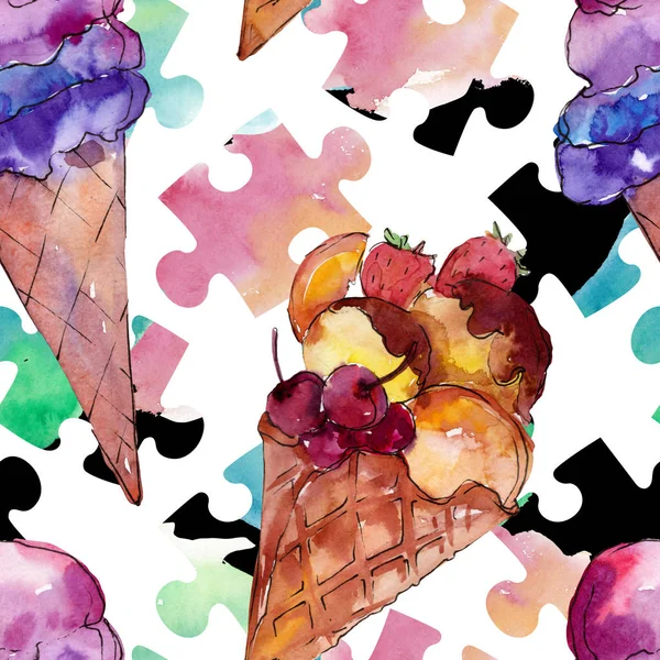 Tasty ice cream in a watercolor style. Aquarelle sweet dessert illustration set. Seamless background pattern. — Stock Photo, Image