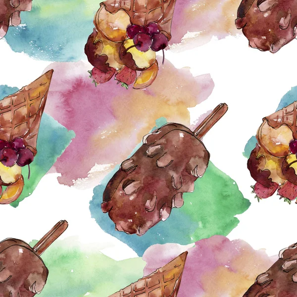 수채화 스타일에 맛 있는 아이스크림. 해당 달콤한 디저트 그림을 설정합니다. 원활한 배경 패턴. — 스톡 사진