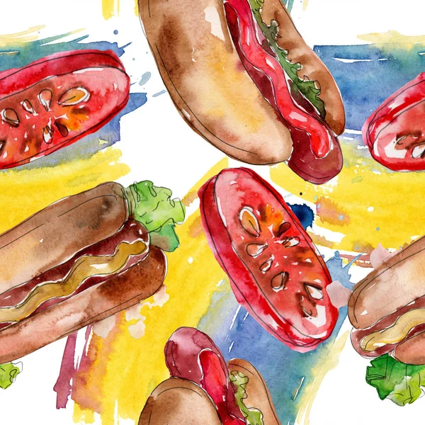 Hot dog fastfood illustratie. Aquarel achtergrond afbeelding instellen. Naadloze achtergrondpatroon. — Stockfoto