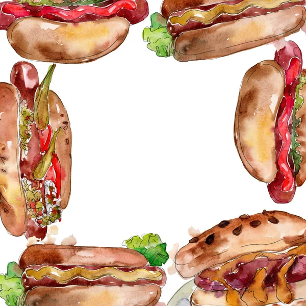 Hot dog fast food isolato. Acquerello sfondo illustrazione set. Quadrato ornamento bordo cornice . — Foto Stock