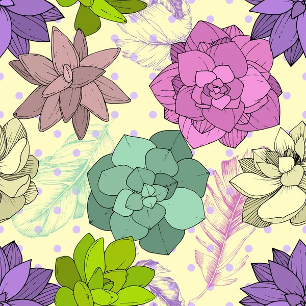 벡터 Succulents 꽃 식물 꽃입니다. 새겨진된 잉크 예술입니다. 원활한 배경 패턴. — 스톡 벡터