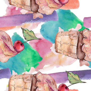 Sulu Boya stilinde lezzetli dondurma. Aquarelle şekerli tatlı şekilde ayarlayın. Sorunsuz arka plan deseni.