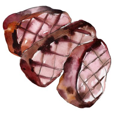 Izgara biftek sulu boya Stil kümesindeki lezzetli yemekler. Aquarelle gıda resimde arka plan için. İzole biftek öğesi.