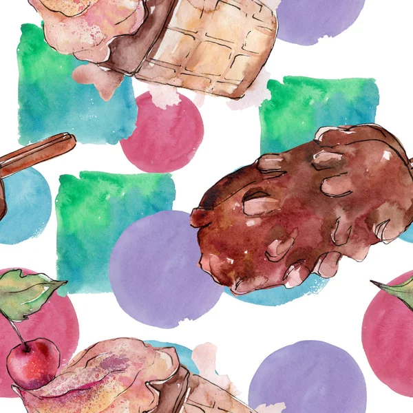 Tasty ice cream in a watercolor style. Aquarelle sweet dessert illustration set. Seamless background pattern. — Stock Photo, Image