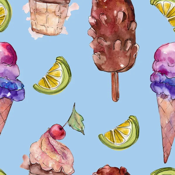 Tasty ice cream in a watercolor style. Aquarelle sweet dessert illustration set. Seamless background pattern. — Stock Photo, Image