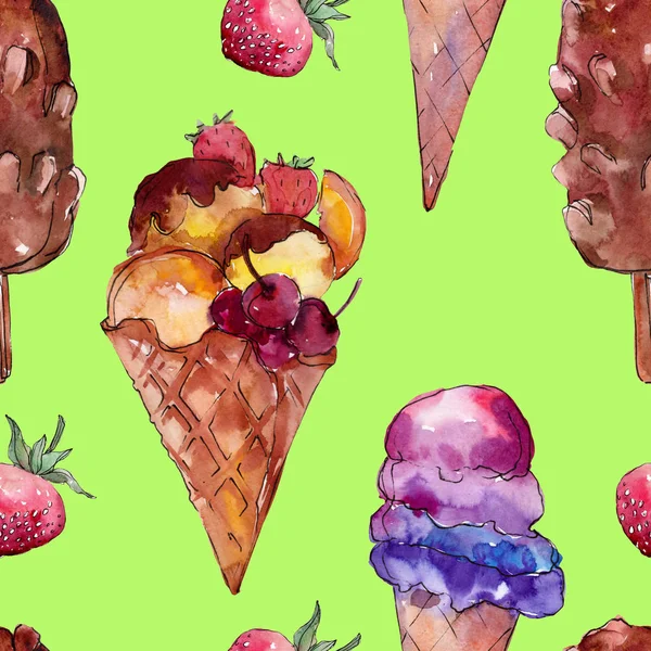 Tasty ice cream in a watercolor style. Aquarelle sweet dessert illustration set. Seamless background pattern. — Stock Photo, Image