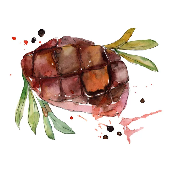 Bife grelhado comida saborosa em um conjunto de estilo aquarela. ilustração de comida Aquarelle para fundo. Elemento de bife isolado . — Fotografia de Stock