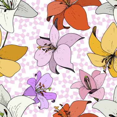 Vektör Lily Floral botanik çiçek. Siyah ve beyaz mürekkep sanat kazınmış. Sorunsuz arka plan deseni.