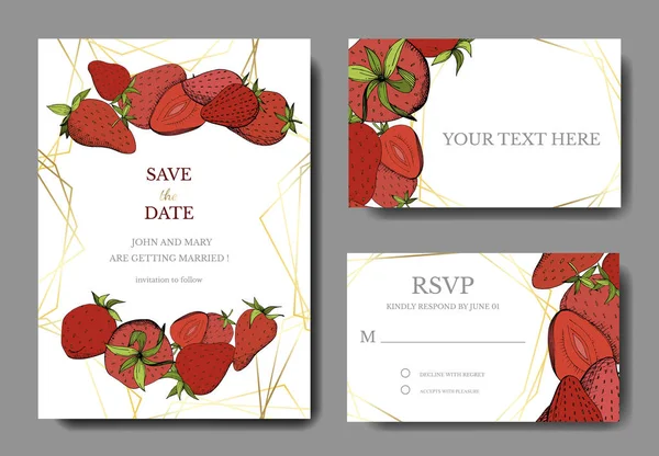 Vector aardbeien vers fruit gezond voedsel. Rood en groen gegraveerd inkt kunst. Bruiloft achtergrond kaart. — Stockvector