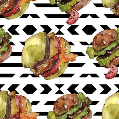Hamburger sandviç izole bir suluboya tarzında ayarlayın. Suluboya lokanta illüstrasyon öğesi. Sorunsuz aquarelle arka plan deseni. Kumaş duvar kağıdı yazdırma doku.