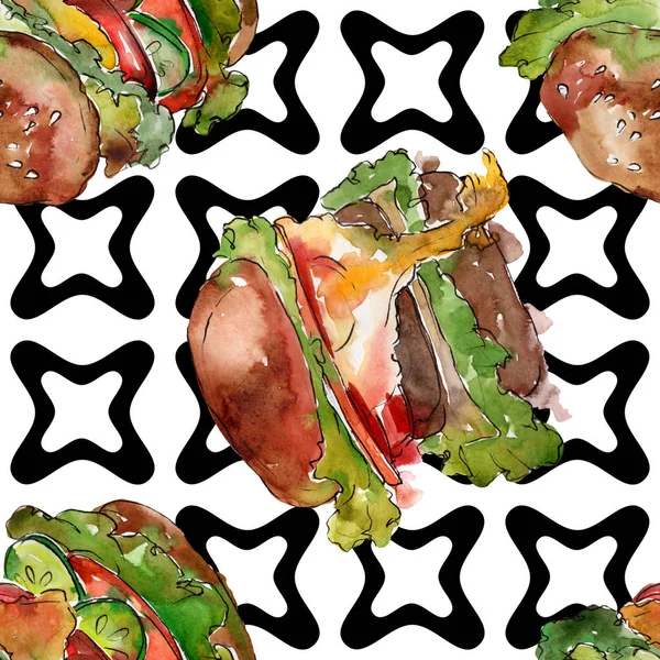 汉堡三明治在水彩样式隔离集合 水彩画快餐插画元素 无缝的水上背景图案 织物壁纸打印纹理 — 图库照片