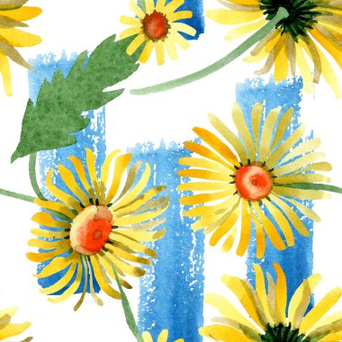 Sarı papatya botanik çiçek. Vahşi bahar yaprak kır çiçeği. Suluboya resim kümesi. Suluboya çizim moda aquarelle izole. Sorunsuz arka plan deseni. Kumaş duvar kağıdı yazdırma doku.