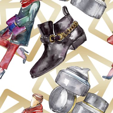 Moda kroki glamour çizimde bir suluboya stil aquarelle öğesi. Giyim Aksesuarları moda kıyafet ayarlayın. Suluboya sorunsuz arka plan deseni ayarlayın. Kumaş duvar kağıdı yazdırma doku.