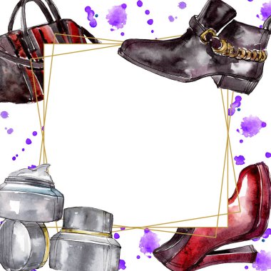 Moda kroki çizimde bir suluboya stil öğesi. Giyim Aksesuarları aqurelle trendy moda kıyafet ayarlayın. Suluboya arka plan illüstrasyon ayarlayın. Çerçeve kenarlığı süsleme Meydanı.