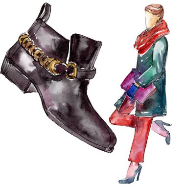 Kadın ve Ayakkabı Moda glamour çizimde bir suluboya stil izole aquarelle öğesi kroki. Giyim Aksesuarları trendy moda kıyafet ayarlayın. Suluboya arka plan illüstrasyon seti.