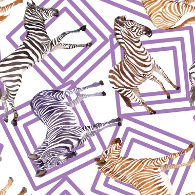 Egzotik zebra vahşi hayvan suluboya tarzında. Vahşi hayvan arka plan illüstrasyon için ayarlayın. Suluboya çizim moda aquarelle. Sorunsuz arka plan deseni. Kumaş duvar kağıdı yazdırma doku.