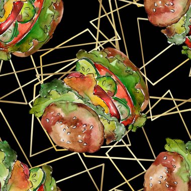 Hamburger sandviç izole bir suluboya tarzında ayarlayın. Suluboya lokanta illüstrasyon öğesi. Sorunsuz aquarelle arka plan deseni. Kumaş duvar kağıdı yazdırma doku.
