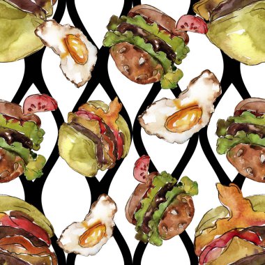 Hamburger sandviç izole bir suluboya tarzında ayarlayın. Suluboya lokanta illüstrasyon öğesi. Sorunsuz aquarelle arka plan deseni. Kumaş duvar kağıdı yazdırma doku.