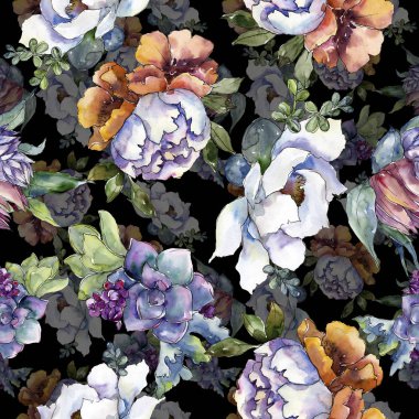 Buketler çiçek botanik çiçekler. Vahşi bahar yaprak izole. Suluboya resim kümesi. Suluboya çizim moda aquarelle. Sorunsuz arka plan deseni. Kumaş duvar kağıdı yazdırma doku.