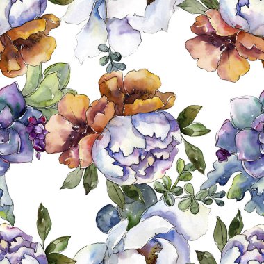 Buketler çiçek botanik çiçekler. Vahşi bahar yaprak izole. Suluboya resim kümesi. Suluboya çizim moda aquarelle. Sorunsuz arka plan deseni. Kumaş duvar kağıdı yazdırma doku.