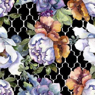 Buketler çiçek botanik çiçekler. Vahşi bahar yaprak izole. Suluboya resim kümesi. Suluboya çizim moda aquarelle. Sorunsuz arka plan deseni. Kumaş duvar kağıdı yazdırma doku.