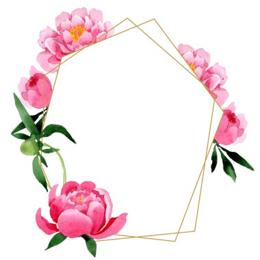 Pembe peony çiçek botanik çiçekler. Vahşi bahar yaprak izole kır çiçeği. Suluboya arka plan illüstrasyon küme. Suluboya çizim moda aquarelle izole. Çerçeve kenarlığı süsleme Meydanı.