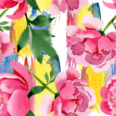 Pembe Şakayık botanik çiçek. Vahşi bahar yaprak izole kır çiçeği. Suluboya resim kümesi. Suluboya çizim moda aquarelle. Sorunsuz arka plan deseni. Kumaş duvar kağıdı yazdırma doku.