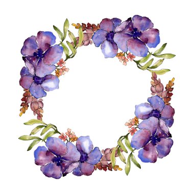 Mavi mor buket çiçek botanik çiçekler. Vahşi bahar yaprak izole kır çiçeği. Suluboya arka plan illüstrasyon küme. Suluboya çizim moda aquarelle. Çerçeve kenarlığı süsleme Meydanı.