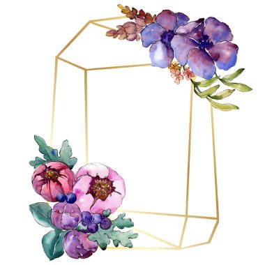 Mavi mor buket çiçek botanik çiçekler. Vahşi bahar yaprak izole kır çiçeği. Suluboya arka plan illüstrasyon küme. Suluboya çizim moda aquarelle. Çerçeve kenarlığı süsleme Meydanı.