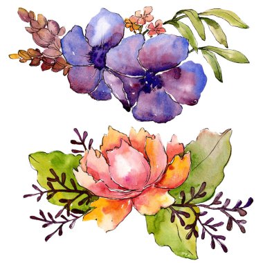 Mavi mor buket çiçek botanik çiçekler. Vahşi bahar yaprak izole kır çiçeği. Suluboya arka plan ayarlamak. Suluboya çizim moda aquarelle. İzole buketleri illüstrasyon öğesi.