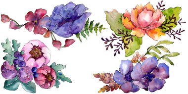 Mavi mor buket çiçek botanik çiçekler. Vahşi bahar yaprak izole kır çiçeği. Suluboya arka plan ayarlamak. Suluboya çizim moda aquarelle. İzole buketleri illüstrasyon öğesi.