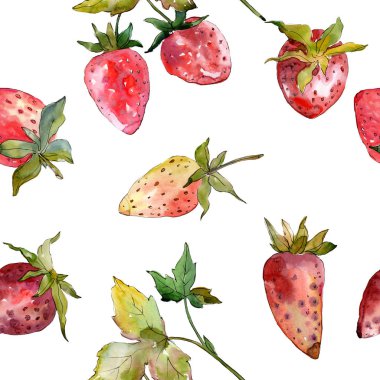 Çilek sağlıklı gıda. Suluboya arka plan illüstrasyon küme. Suluboya çizim moda aquarelle izole. Sorunsuz arka plan deseni. Kumaş duvar kağıdı yazdırma doku.